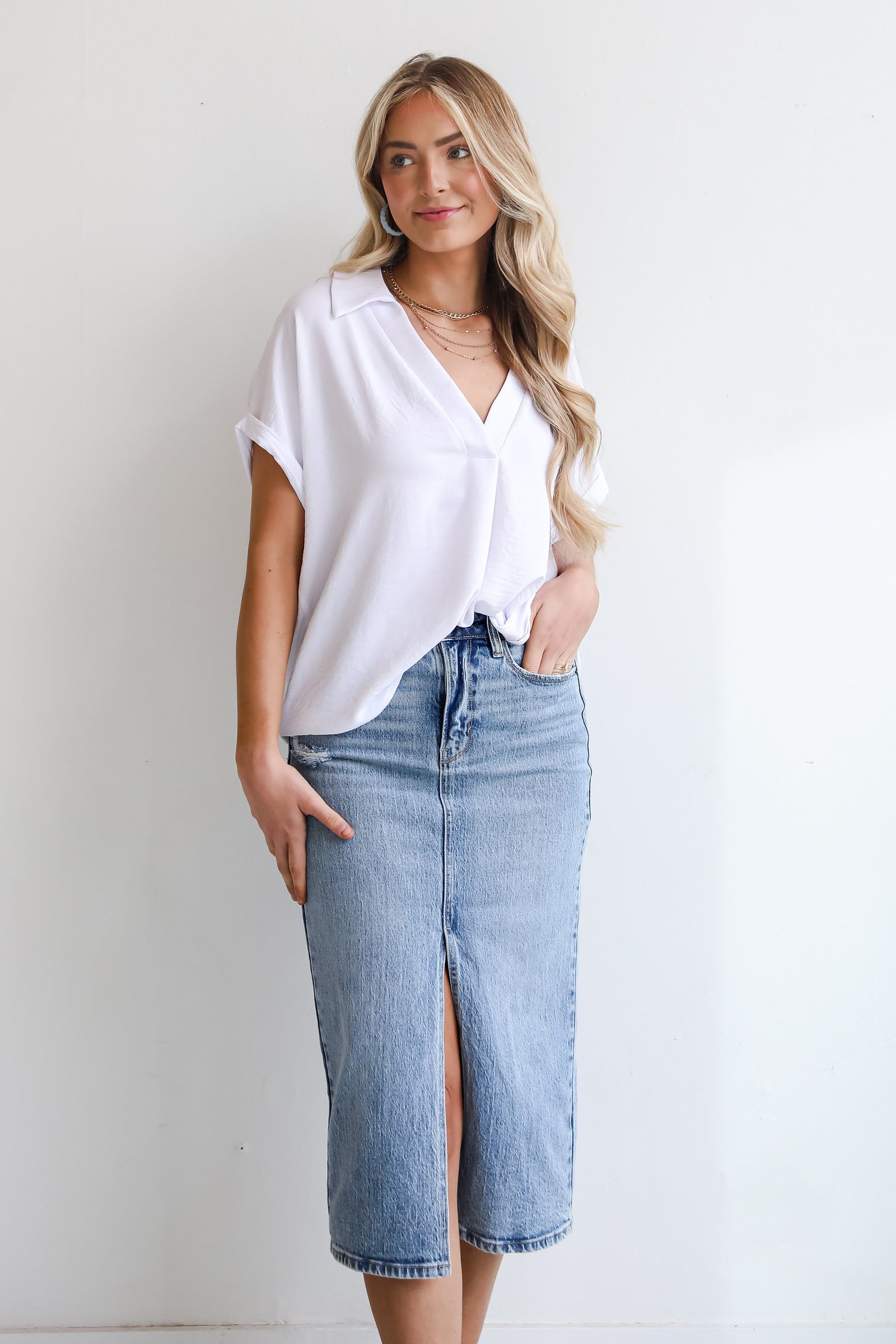 Make It Easy Medium Wash Denim Midi Skirt EO8