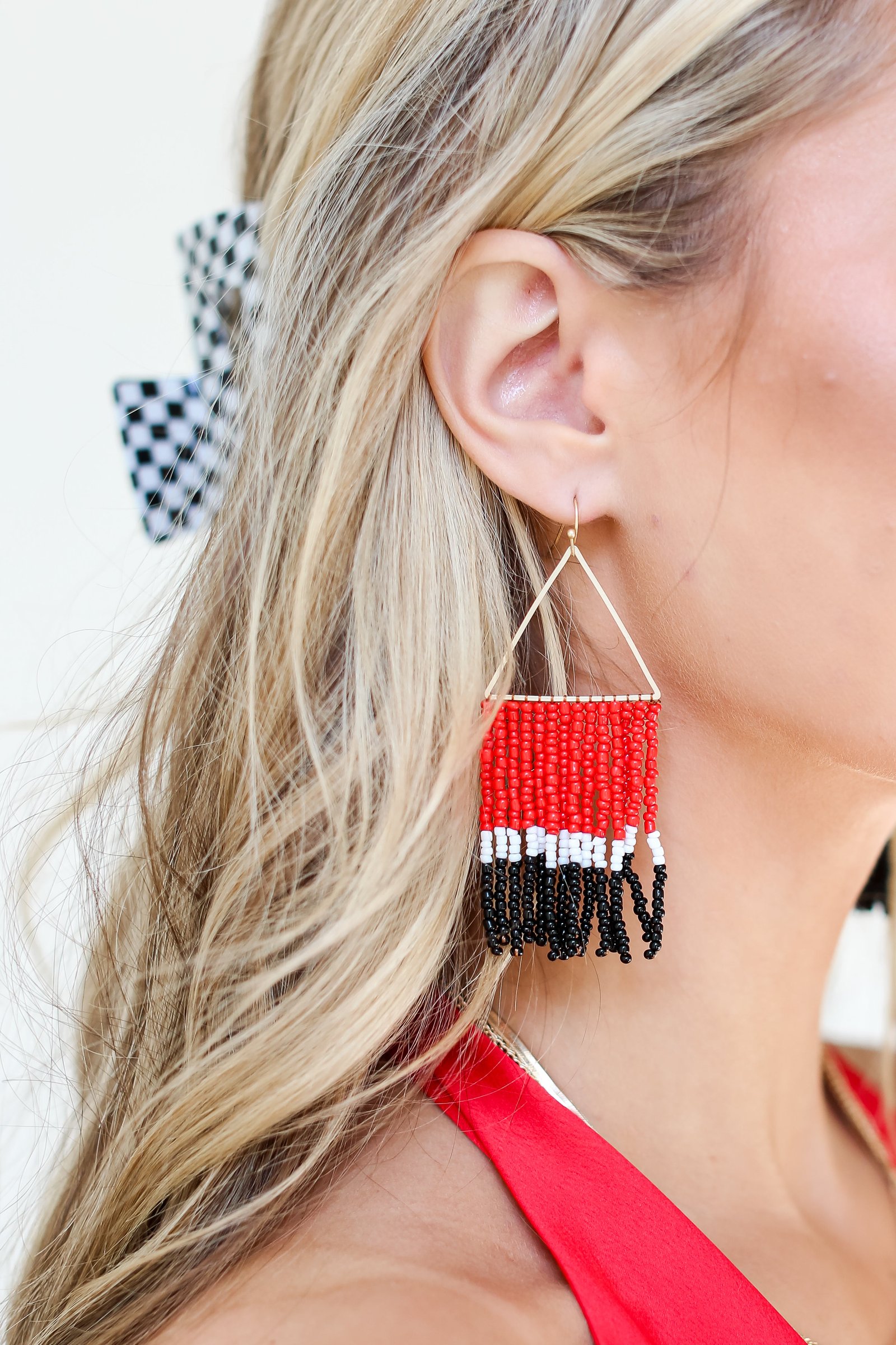 Red + Black Beaded Fringe Earrings EO9